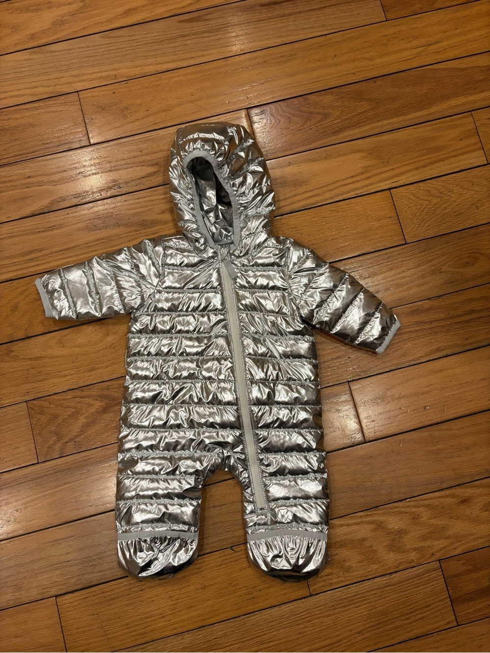 Primary Metallic Silver Baby Puffer Snowsuit with Hood